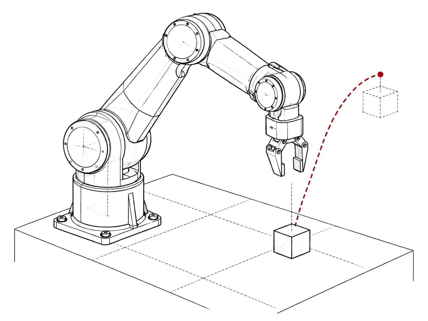 Line illustration of a robotic arm reaching for a cube, with a red motion trajectory